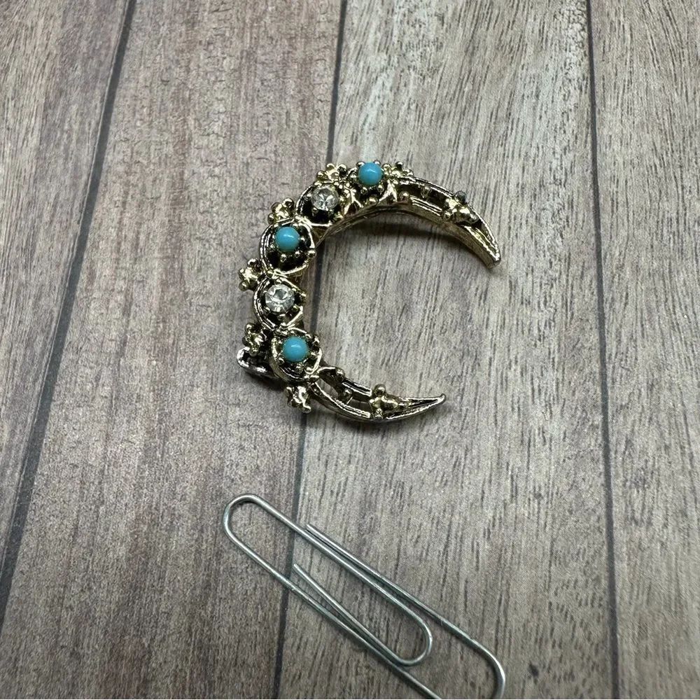 Gerry Vintage‎ Crystal Turquoise Crescent Moon Gold Brooch B7